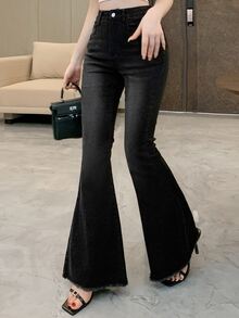 DAZY Women's Black High-Waist Button Washed Solid Color Loose Straight Leg Wide Leg Casual Denim Jeans, Autumn - Black - View 7