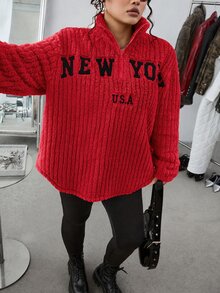 SHEIN EZwear 大尺碼 2 件套：紅色休閒字母印花拉鍊抓絨連帽衫與修身瑜伽褲，百搭大尺碼風格，適合秋冬 - 紅色 - 查看 5
