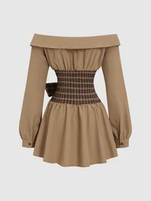 Sweetra Women's Off-Shoulder Tie-Front Short Dress - Brown - View 2