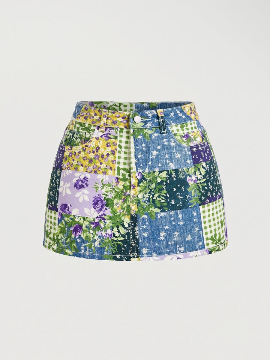 SHEIN MOD Women's All-Over Print Casual Versatile Daily Denim Mini Skirt - Multicolor - View 1