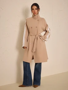 SHEIN PETITE Jaket Trench Coat Kasual Serbaguna dengan Ikat Pinggang dan Desain Blok Warna untuk Wanita - Khaki - View 6