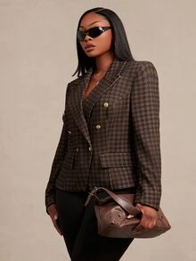 SHEIN SXY Plus Size Women's Brown & Black Plaid Padded Shoulder Cinched Waist Blazer - Chocolate Brown - View 5