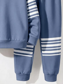 Tween Boy Casual Minimalist Long Sleeve Hooded Comfortable Sweatshirt 2 Pieces Set, Suitable For Autumn/Winter, Classic Retro Striped Pattern Print, Exquisite Knight Pony Logo Print - Multicolor - View 5