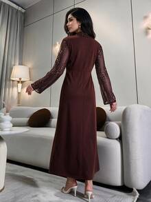 Modelyn Women's Luxury Sequin Front Knot Ruched Long Sleeve Dress - Coffee - View 2