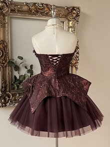 Lovelzi Elegant Romantic Gold & Silver Metallic Jacquard Satin Patchwork Tulle Circle Skirt With Luxurious Handmade Pearl Decor Short Hem, Suitable For Pre-Wedding Party, Wedding And Graduation Prom - Khaki - View 2