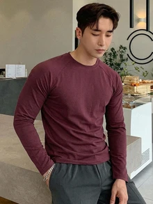 DAZY 男士長袖圓領酒紅色T恤，春秋款 - 酒紅色 - 查看 5
