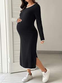 SHEIN Maternity Fitted Casual Dress With Trimmed Round Neck, Long Sleeves And Side Slit Hem - Black - View 5