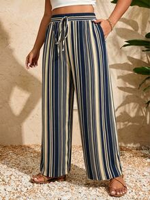 EMERY ROSE CURVE Navy Blue Vertical Striped Wide Leg Vacation Style Casual Plus Size Pants - Royal Blue - View 1