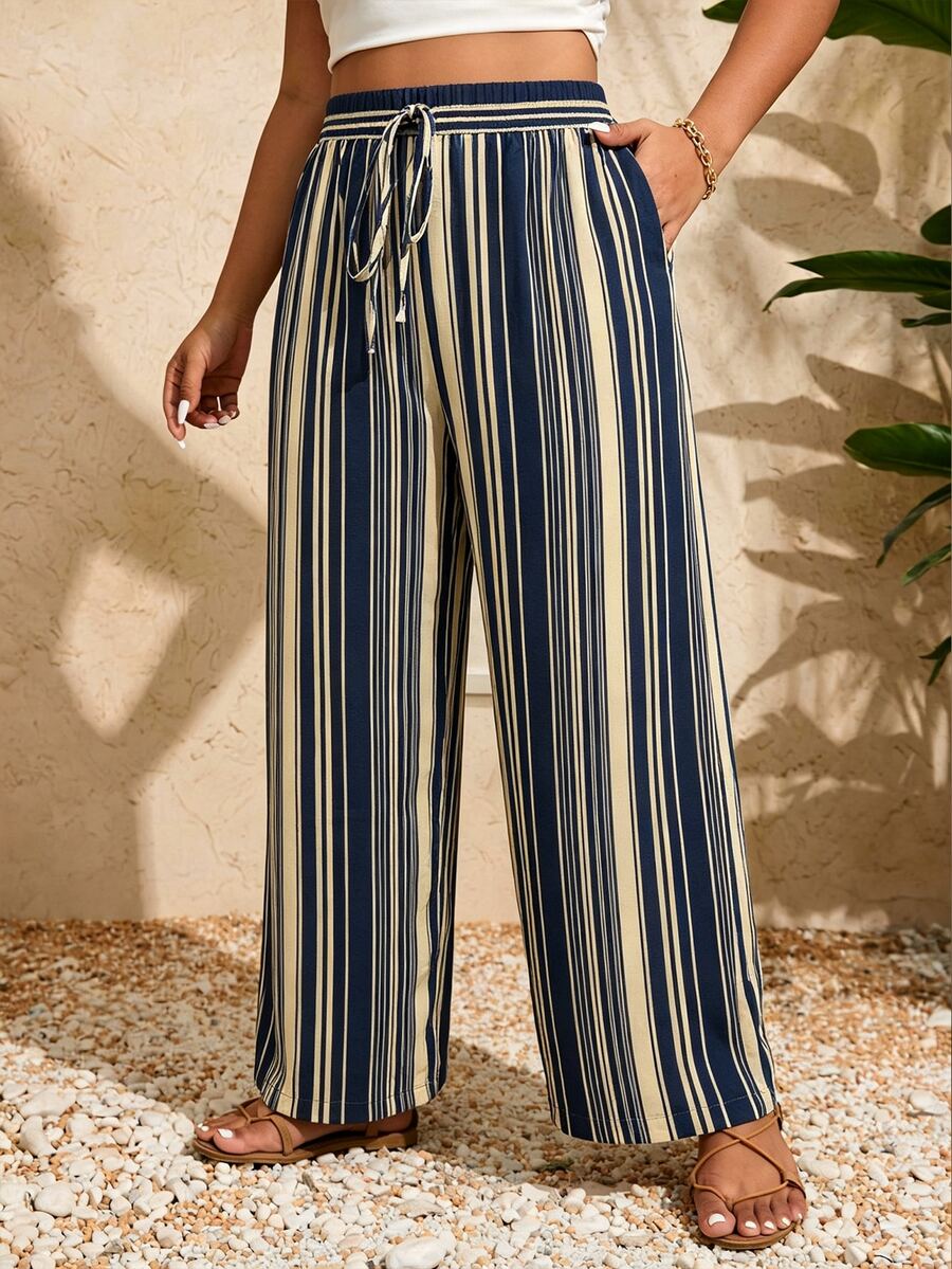 EMERY ROSE CURVE Navy Blue Vertical Striped Wide Leg Vacation Style Casual Plus Size Pants - Royal Blue - View 1