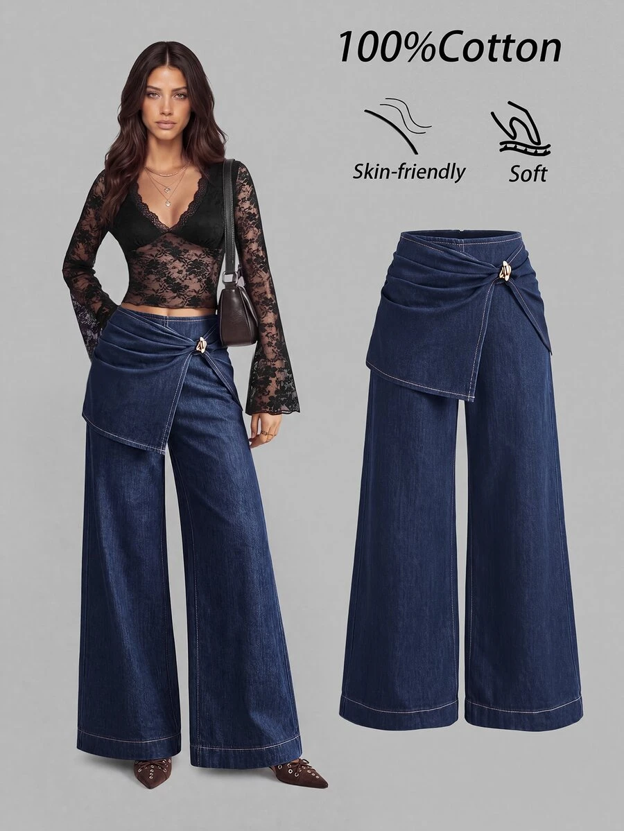 SHEIN Women's Metal Decor Asymmetric Design Wide Leg Casual Denim Jeans - Blue - View 1