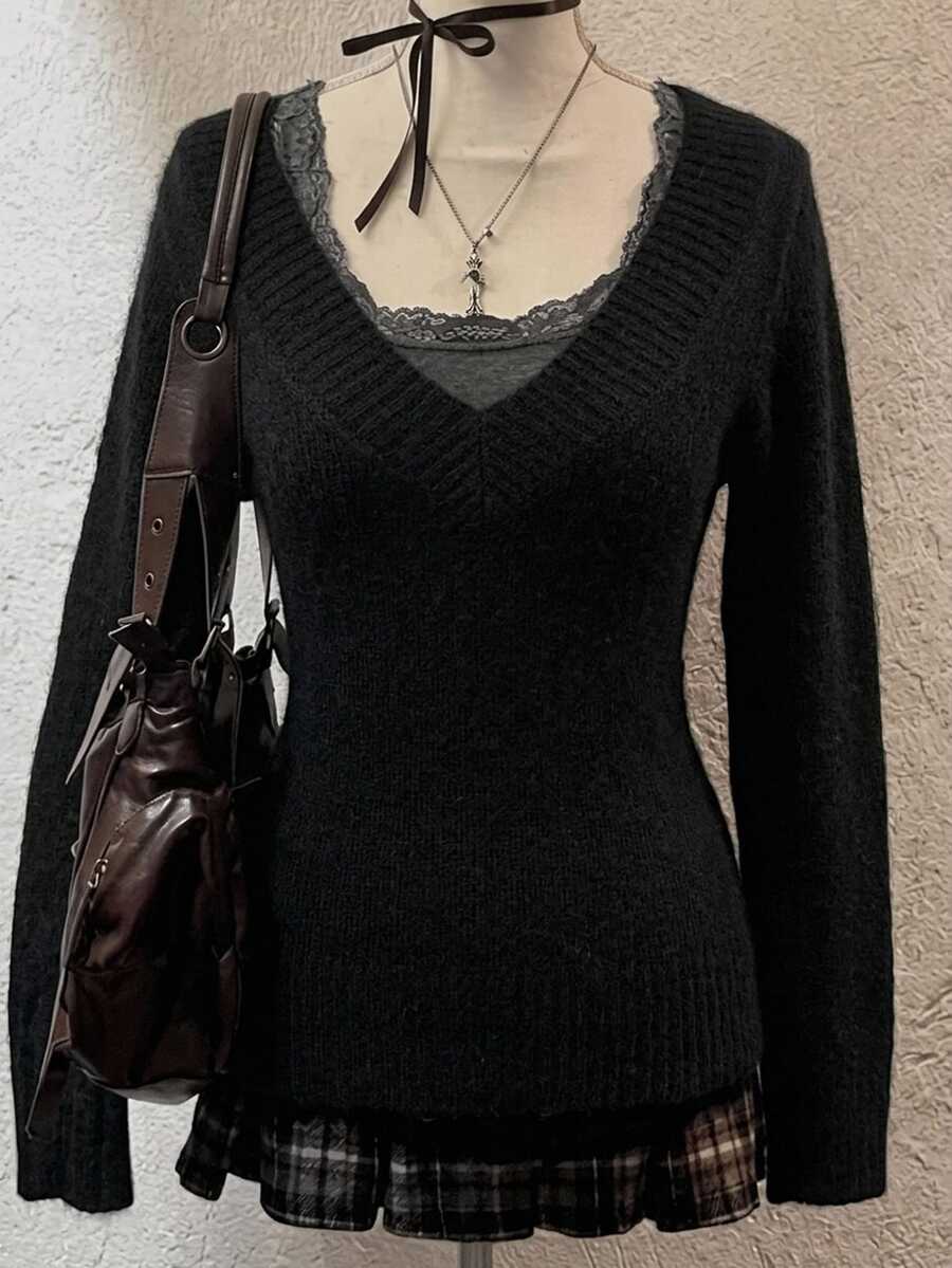 DAZY Women's Solid Color V-Neck Long Sleeve Casual Versatile Sweater, Autumn/Winter - Black - View 1