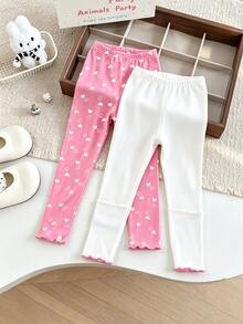 SHEIN 2pcs/Set Legging Balita Perempuan, Merah Muda & Putih, Bahan Fleece Satu Potong dengan Pinggiran Bergelombang, Motif Hati & Kelinci, Gaya Sederhana, Kasual, Nyaman, Lembut, dan Serbaguna, Musim Semi/Musim Gugur/Musim Dingin - MultiWarna - View 2