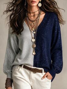 SHEIN Fall Winter Color‑Block V‑Neck Knit Sweater, Contrast Split Color Long Sleeve Loose Top - Light Grey - View 1