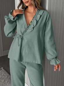 SHEIN Long Sleeve Embroidery On The Collar And Front Tie Detailed Casual Dusty Pink Lounge Set - Mint Green - View 6