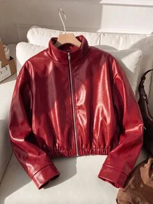 SHEIN 青少年女孩純色PU皮革拉鍊休閒百搭日常長袖夾克 - 紅色 - 查看 2