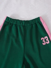 SHEIN 青少年女孩運動套裝，復古字母數字印花，綠色粉色拼色長袖衛衣上衣搭配寬腿長褲，日常休閒運動穿搭 - 綠色 - 查看 7