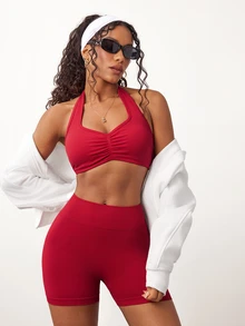 Dewbera Dewbera Seamless Yoga Sports Set Fixed Cup Non-Slip Yoga Sports Shorts - Red - View 2