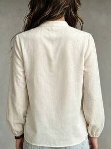EMERY ROSE Plus Size New Style Frog Button Decor Casual Daily Asymmetrical Hem Long Sleeve Women's Shirt Fall - Apricot - View 2