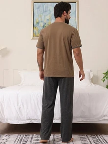 DAZY Summer Solid Color Label T-Shirt & Men's Loungewear Set - Camel - View 2