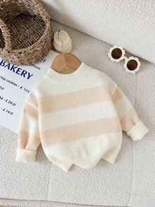 SHEIN LMoss Kids 女嬰圓領套頭毛衣，粉色條紋，柔軟舒適，適合秋冬穿著 - 白色 - 查看 1