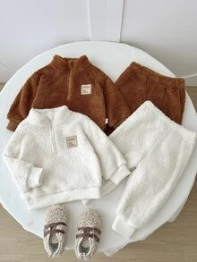 SHEIN 4件組幼童男孩運動衫長褲套裝，可愛棕色白色毛茸茸抓絨半拉鍊長袖立領加厚戶外秋冬保暖慢跑絨毛套裝 - 棕色 - 查看 8