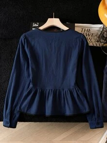 SHEIN 新款對比飾邊圓領繫腰荷葉邊下擺泡泡長袖女式襯衫，優雅休閒度假可愛通勤風，適合辦公室、旅行、假日、日常穿著，春夏秋季 - 藏蓝色 - 查看 4