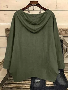 EMERY ROSE Plus Size Women's Lolicis Hooded Drawstring Long Sleeve Asymmetrical Hem Blouse Loose Casual Artistic Style Pullover Hoodie Fall - Army Green - View 2