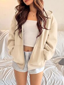 少女杏色休閒運動衫，秋季拉鍊連帽衫，冬季運動衫，極簡寬鬆版型，返校女童校服 - 杏色 - 查看 7