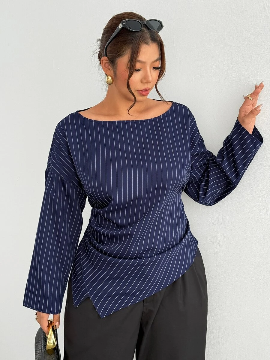 Firerie Kemeja Pullover Lengan Panjang Bergaris Biru & Putih Ukuran Plus dengan Lipatan Pinggang Leher Perahu untuk Musim Gugur/Dingin/Pakaian Kerja - Blue and White - View 1