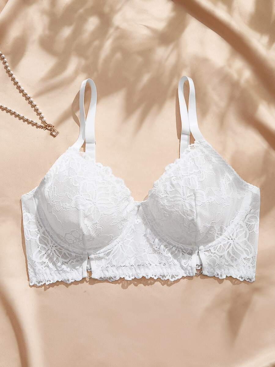 Charlaine 1pc Sexy Lace Patchwork Plus Size Bra - White - View 1