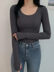 DAZY 女款純色圓領長袖修身內搭T恤 - 灰色 - 查看 5