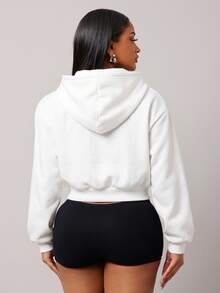 SHEIN SXY Plus Size Women's White Open Front Hoodie With Eyelet Design Fall - White - View 2