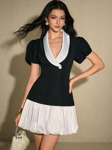 Poéselle Women's Contrast Color Shawl Collar Petal Short Sleeve Elegant Dress - Black - View 7