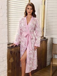 Serenescape Vacation Style V-Neck Ink Wash Pink Floral Contrast Color Loose Long Sleeve Women's Robe - Multicolor - View 6