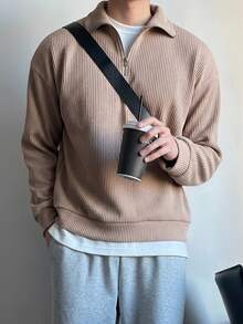 DAZY 春秋款針織羅紋拉鍊立領長袖卡其色男士套頭衛衣連帽衫 - 卡其色 - 查看 8