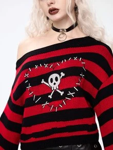 ROMWE Grunge Punk 女款骷髏條紋不對稱肩寬喇叭袖龐克毛衣 - 彩色 - 查看 2