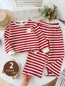 LMoss Kids 女童幼兒休閒條紋圓領長袖衛衣褲子2件套 - 紅色 - 查看 7