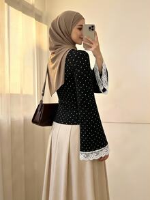 Celisse Polka Dot Print Flared Sleeve Contrast Color Lace Patchwork Elegant Autumn/Winter Women's T-Shirt - Black - View 2