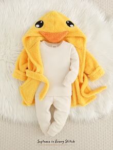 Cozy Pixies Kids Young Boy Casual Daily Comfortable Yellow Duck Cute Cartoon Pattern Plush Open Front Long Sleeve Morning Robe Loungewear - Blue - View 7