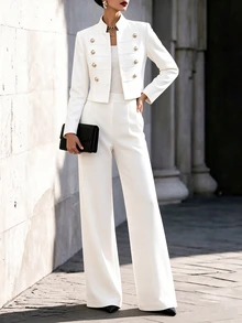 Balvessa Women's Elegant Double-Breasted Long Sleeve Jacket And Pocket Pants Set - White - View 7