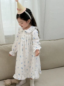 DAZY Baby Girls Ruffle Trim Ditsy Floral Long Loose Loungewear - Blue and White - View 2