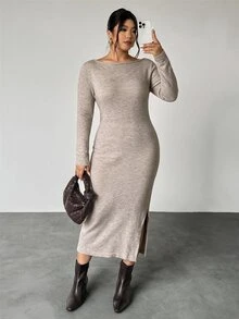 Rosumi Long Fitted Long Sleeve Round Neck Dress - Dusty Purple - View 5