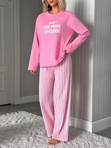 SHEIN Women's ''JUST ONE MORE EPISODE'' Printed Shirt And Striped Wide Leg Pants Pajama Set, Cute, P - Pink - View 3