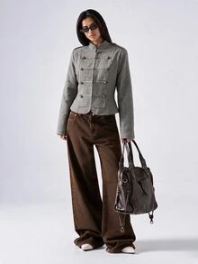 LYSMO 女款條紋雙排扣休閒百搭長袖夾克 - 彩色 - 查看 5