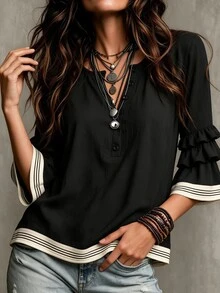 SHEIN LUNE Women's Half-Button Henley Collar Textured Shirt, Multi-Layer Ruffle Bell Mid-Sleeves, Striped Contrast Trim Casual Top - Black - View 3