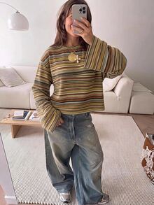 SHEIN EZwear 女款休閒寬鬆長袖條紋T恤，秋季上衣，適合日常通勤、派對、秋冬春夏、聖誕節、新年、感恩節、婚禮、海灘、畢業典禮、優雅、外出、約會、通勤、情人節、度假、Y2K、演唱會 - 彩色 - 查看 7