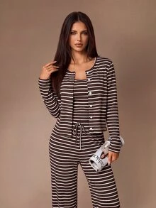 Lazeform Set Piyama Wanita Kasual Bergaris Cardigan + Celana Panjang Camisole - Coklat - View 3