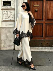 SHEIN PETITE Women's Elegant 2 Pieces Set With Stand Collar Lace Hem Blouse And Wide Leg Pants - Apricot - View 6