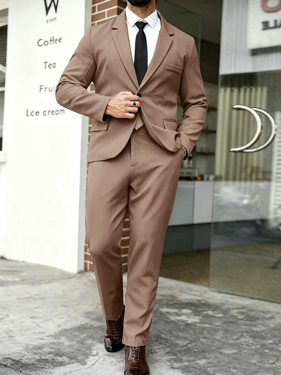 Manfinity Mode Men's Plus Size Solid Lapel Neck Long Sleeve Blazer And Pants Business Travel Set, Formal, Ceremony - Brown - View 1