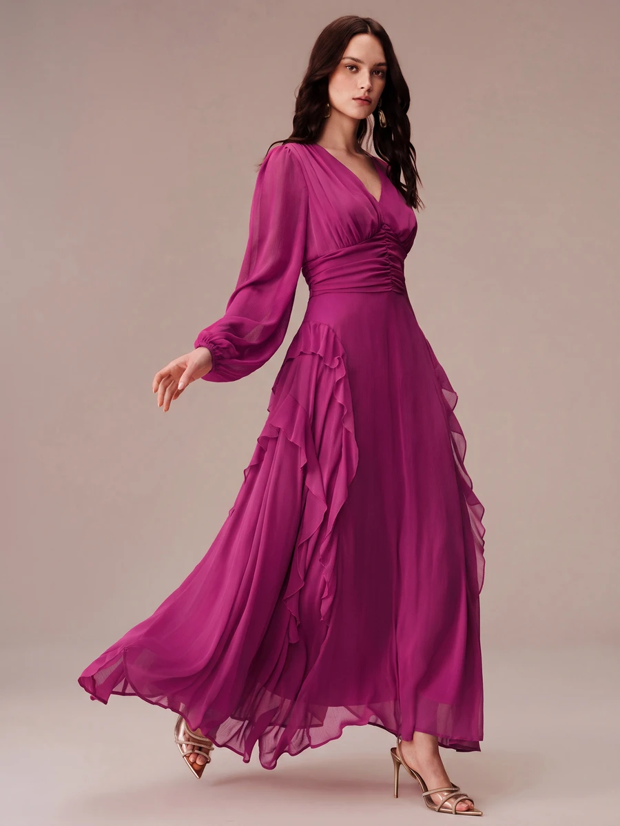 BELROSIE Lantern Sleeve Ruffle Trim Maxi Dress - Purple - View 1